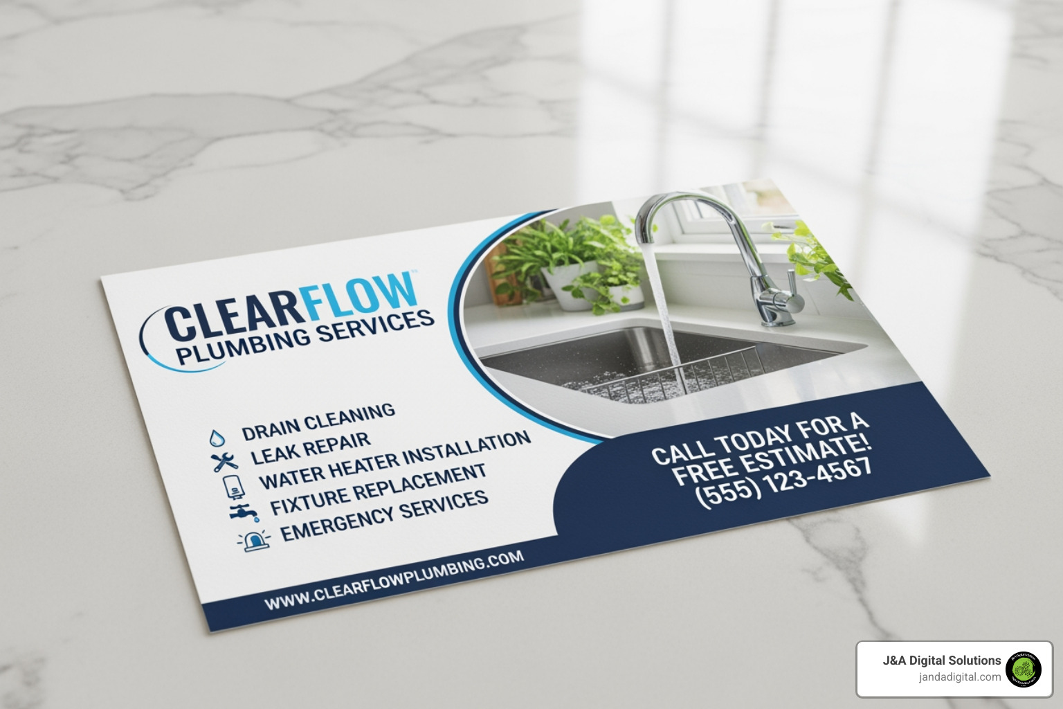 well-designed direct mail postcard for a plumbing company on a kitchen counter - plumbing ads well-designed direct mail postcard for a plumbing company on a kitchen counter - plumbing ads