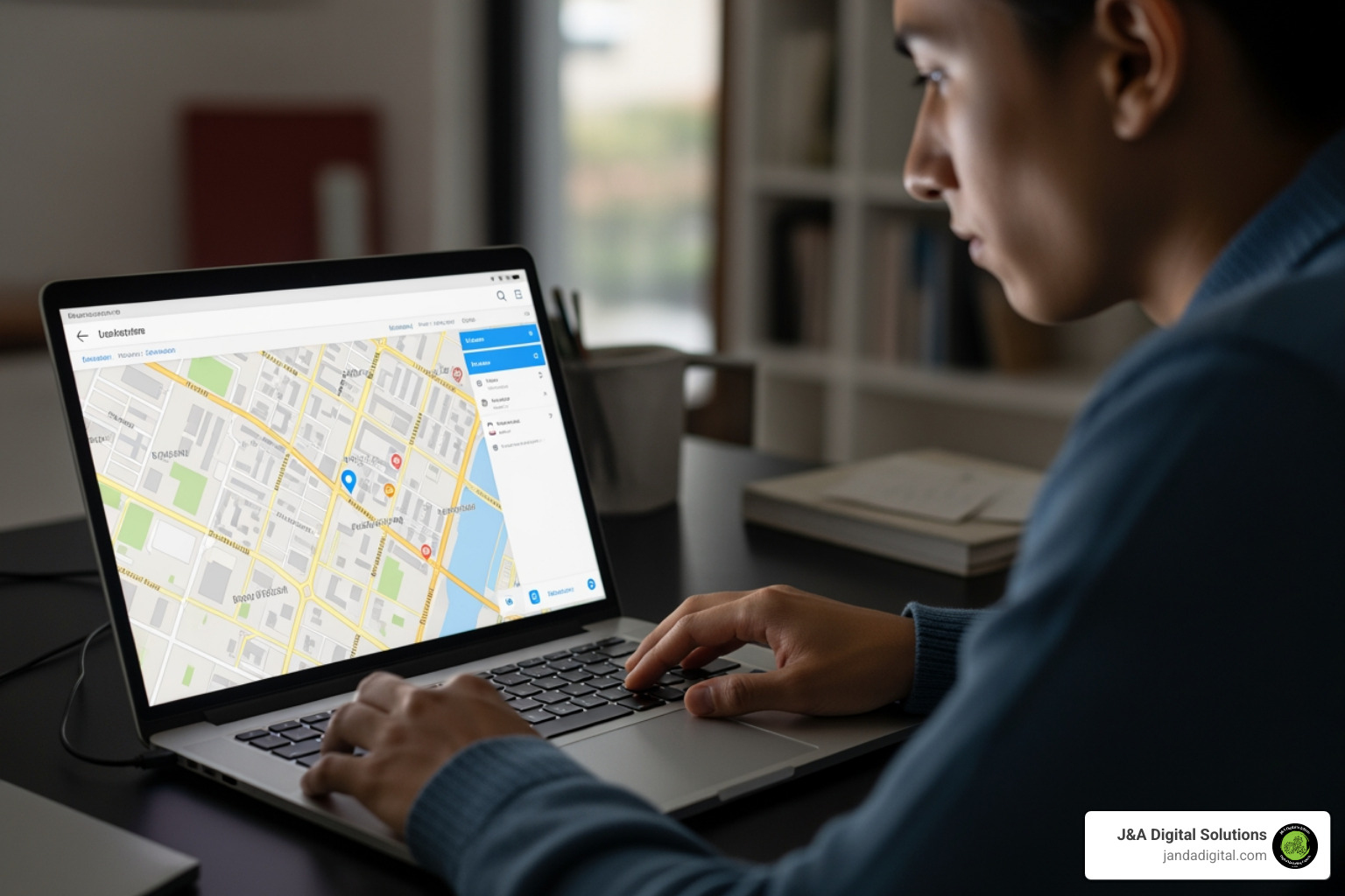 person searching on a laptop with a map interface in the background - online lead generation services near me person searching on a laptop with a map interface in the background - online lead generation services near me