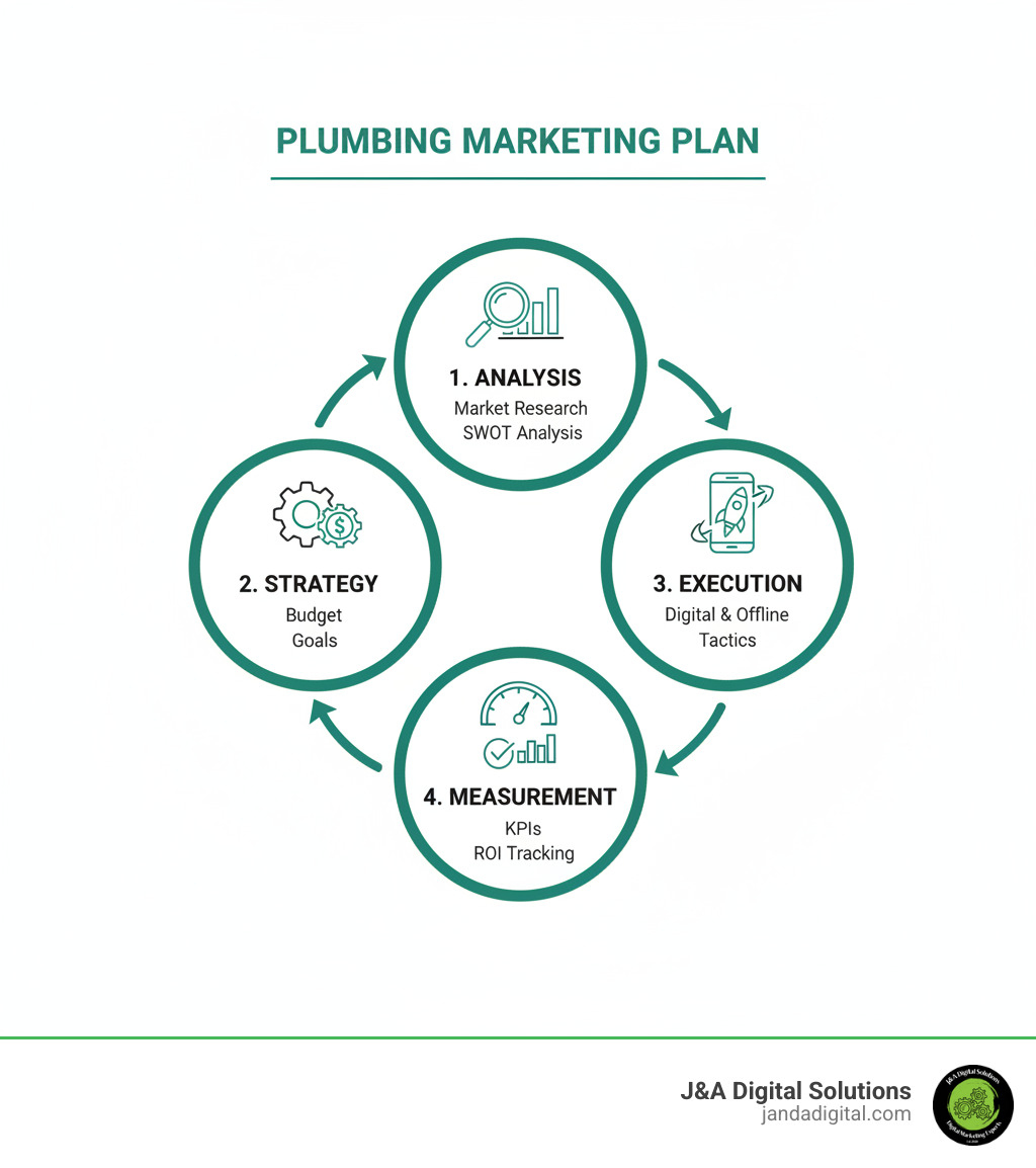 infographic showing the four core components of a plumbing marketing plan: Analysis including market research and SWOT analysis, Strategy including budget and goals, Execution including digital and offline tactics, and Measurement including KPIs and ROI tracking - plumbing marketing plan infographic 