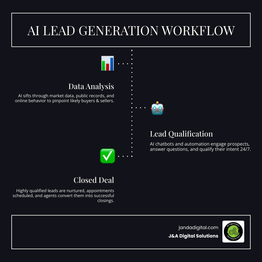 infographic showing ai lead generation workflow from data analysis to qualified lead to scheduled appointment to closed deal - ai lead generation real estate near me infographic infographic-line-3-steps-dark