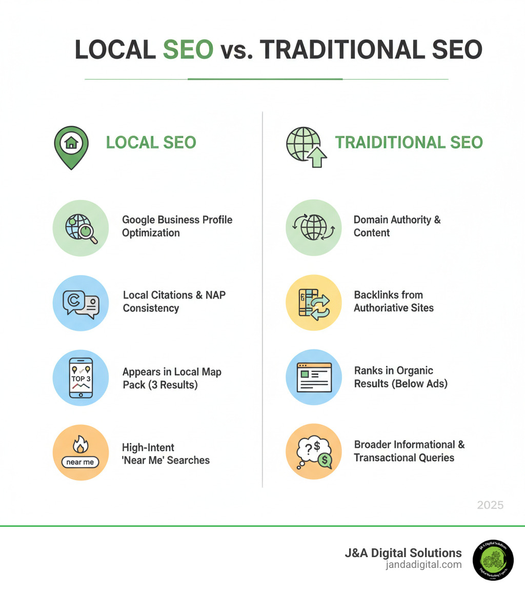 Infographic showing the key differences between Local SEO and Traditional SEO: Local SEO focuses on geographic targeting, Google Business Profile optimization, local citations and NAP consistency, appearing in the Local Map Pack with 3 results, and attracting high-intent near me searches. Traditional SEO focuses on national or global reach, building domain authority through content, earning backlinks from authoritative sites, ranking in organic search results below ads, and targeting broader informational and transactional queries. - local SEO experts infographic Infographic showing the key differences between Local SEO and Traditional SEO: Local SEO focuses on geographic targeting, Google Business Profile optimization, local citations and NAP consistency, appearing in the Local Map Pack with 3 results, and attracting high-intent near me searches. Traditional SEO focuses on national or global reach, building domain authority through content, earning backlinks from authoritative sites, ranking in organic search results below ads, and targeting broader informational and transactional queries. - local SEO experts infographic