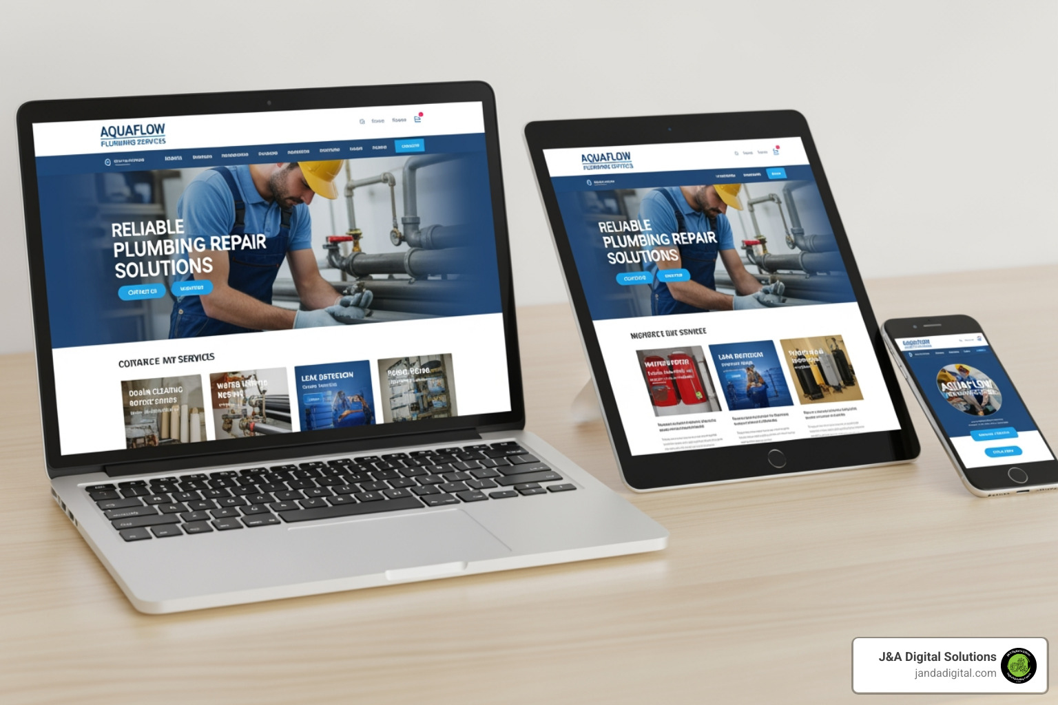 laptop, tablet, and phone showing a responsive plumbing website - plumbing marketing plan