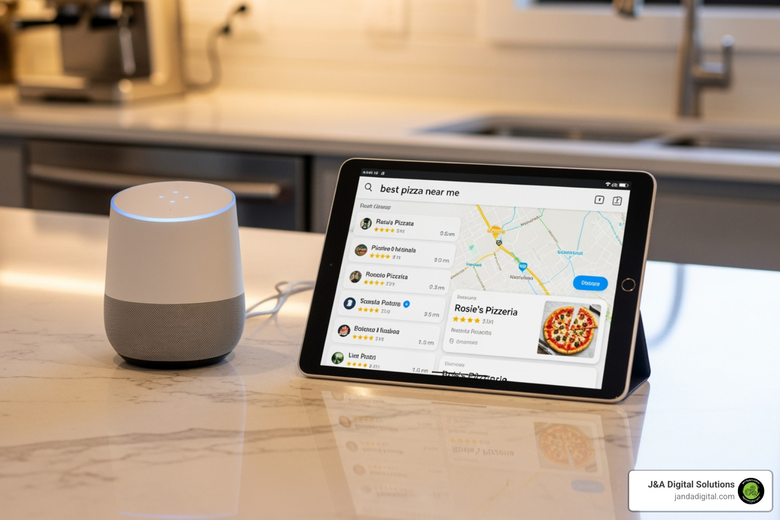 A smart speaker on a kitchen counter, with a glowing ring indicating it's active, displaying a local business search result on a connected tablet screen. - local SEO experts A smart speaker on a kitchen counter, with a glowing ring indicating it's active, displaying a local business search result on a connected tablet screen. - local SEO experts