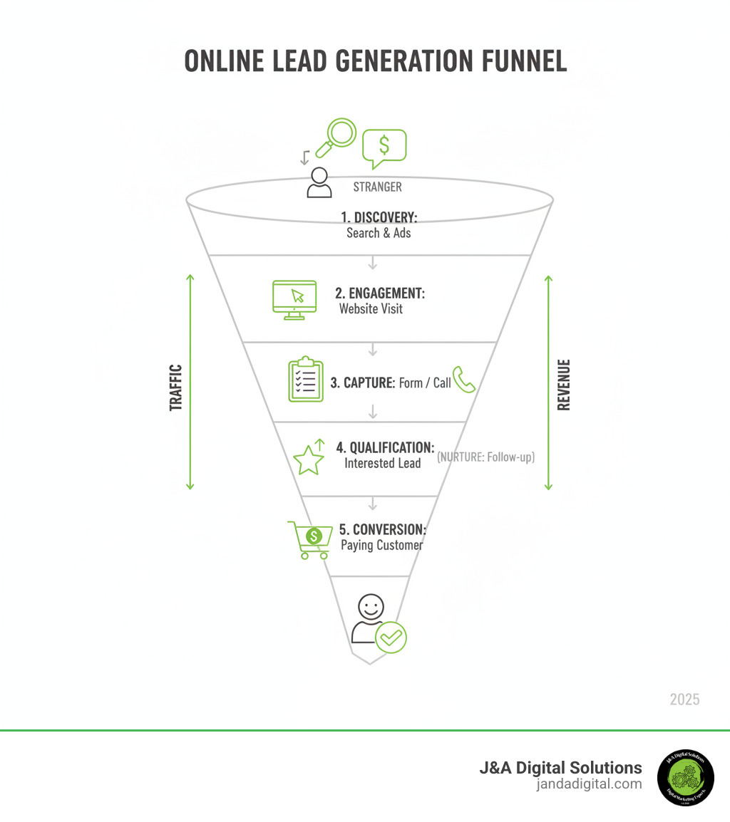detailed infographic showing the online lead generation funnel: stranger discovers business through search or ads, visits website, fills out form or calls, becomes qualified lead, gets nurtured through follow-up, converts to paying customer - online lead generation services near me infographic detailed infographic showing the online lead generation funnel: stranger discovers business through search or ads, visits website, fills out form or calls, becomes qualified lead, gets nurtured through follow-up, converts to paying customer - online lead generation services near me infographic