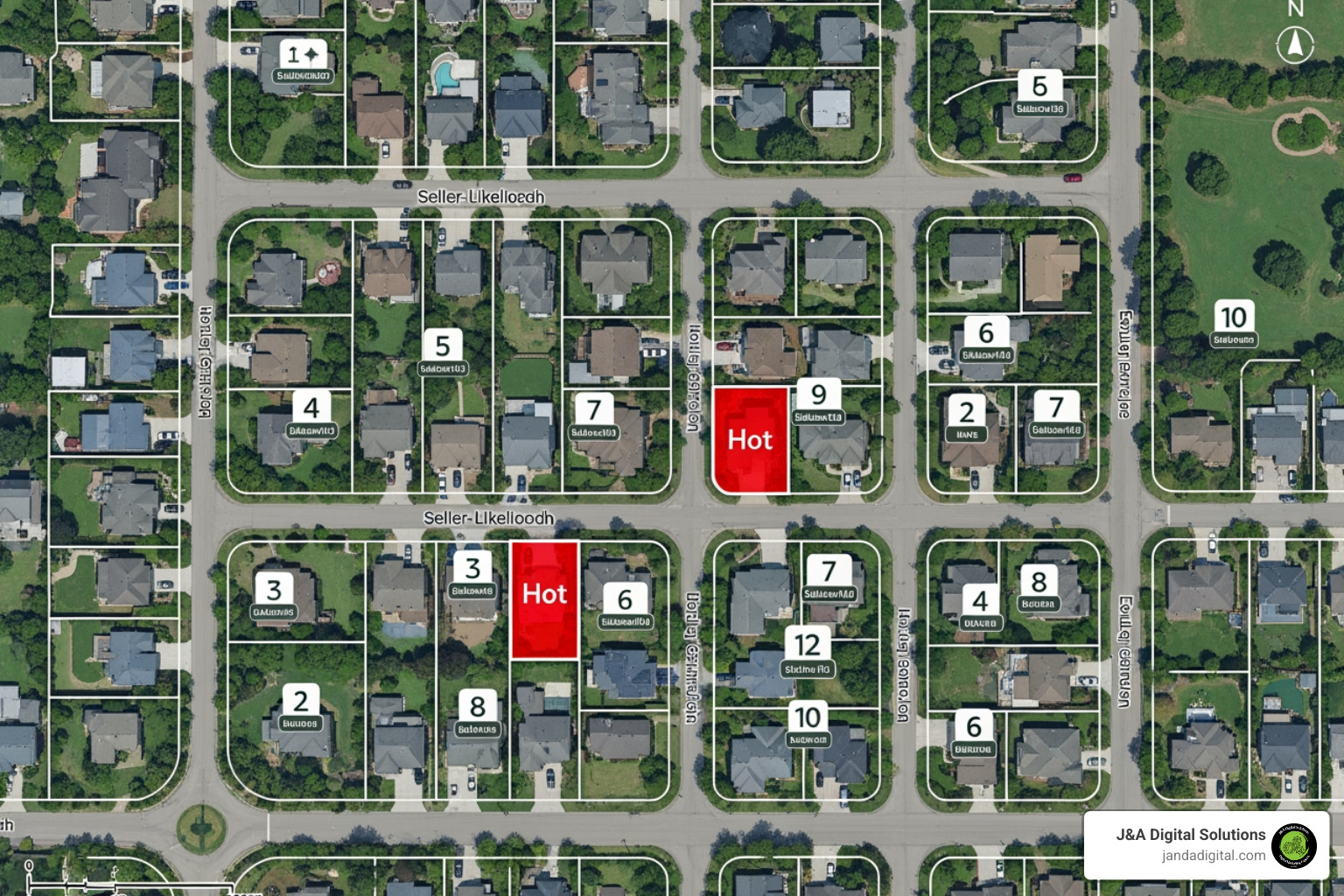 map with highlighted "hot" properties and seller-likelihood scores in a specific neighborhood - ai lead generation real estate near me