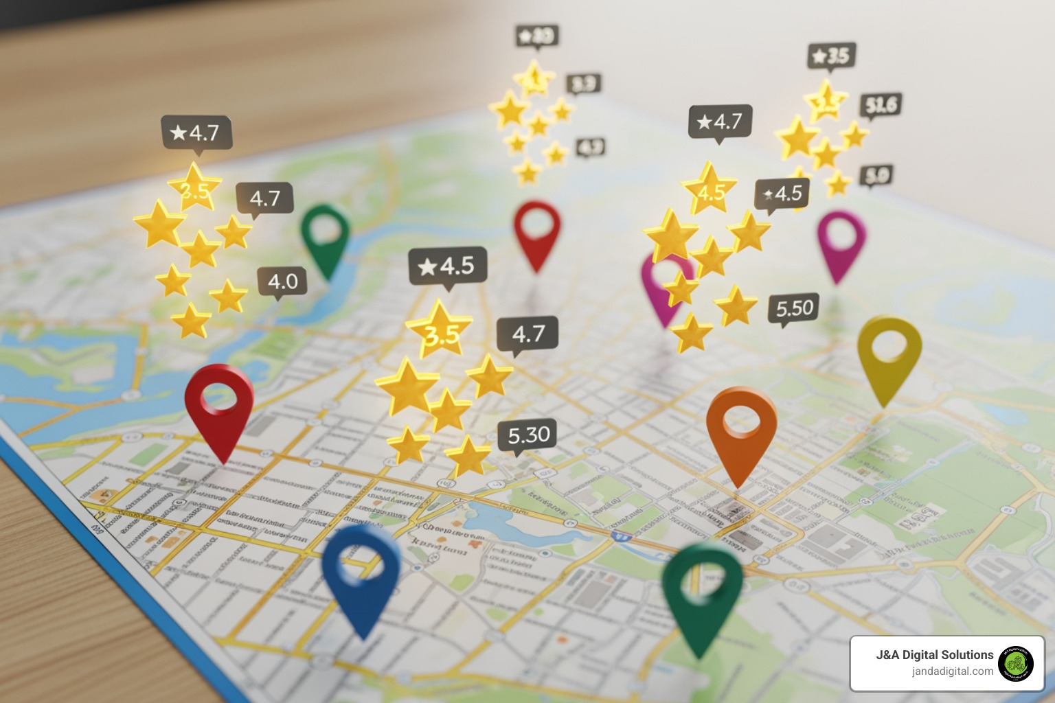 a map with pins and review stars - off page seo insights