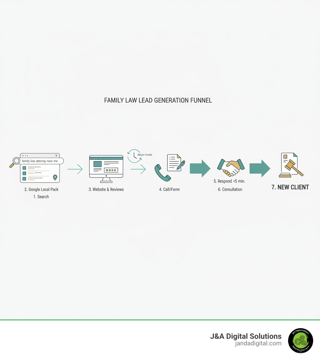 Infographic showing the complete family law lead generation funnel: potential client searches "family law attorney near me" → finds firm in Google local pack → visits website → reads reviews → calls or fills contact form → firm responds within 5 minutes → lead becomes consultation → consultation becomes client - family law lead generation near me infographic Infographic showing the complete family law lead generation funnel: potential client searches "family law attorney near me" → finds firm in Google local pack → visits website → reads reviews → calls or fills contact form → firm responds within 5 minutes → lead becomes consultation → consultation becomes client - family law lead generation near me infographic