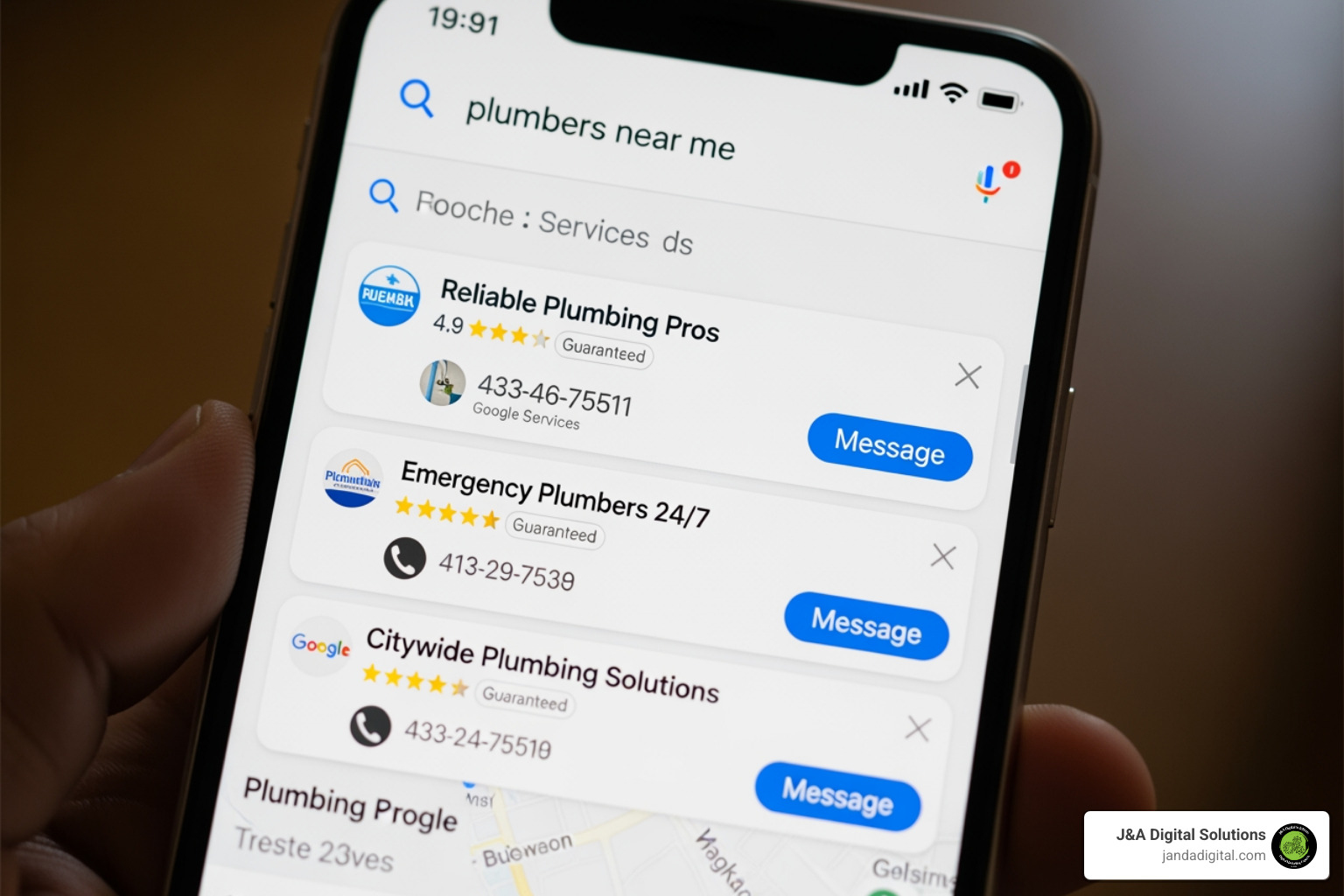 Google Local Services Ads with the "Google Guaranteed" badge at the top of a search results page - digital marketing for plumbers
