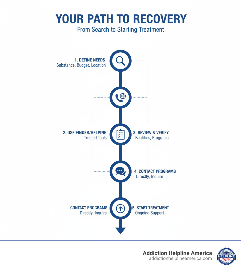 Infographic showing the journey from searching for a drug rehab finder to starting treatment: Step 1 - Define your needs (substance type, budget, location); Step 2 - Use a trusted finder tool or helpline; Step 3 - Review and verify facilities; Step 4 - Contact programs directly; Step 5 - Begin your recovery journey with ongoing support - drug rehab finder infographic Infographic showing the journey from searching for a drug rehab finder to starting treatment: Step 1 - Define your needs (substance type, budget, location); Step 2 - Use a trusted finder tool or helpline; Step 3 - Review and verify facilities; Step 4 - Contact programs directly; Step 5 - Begin your recovery journey with ongoing support - drug rehab finder infographic