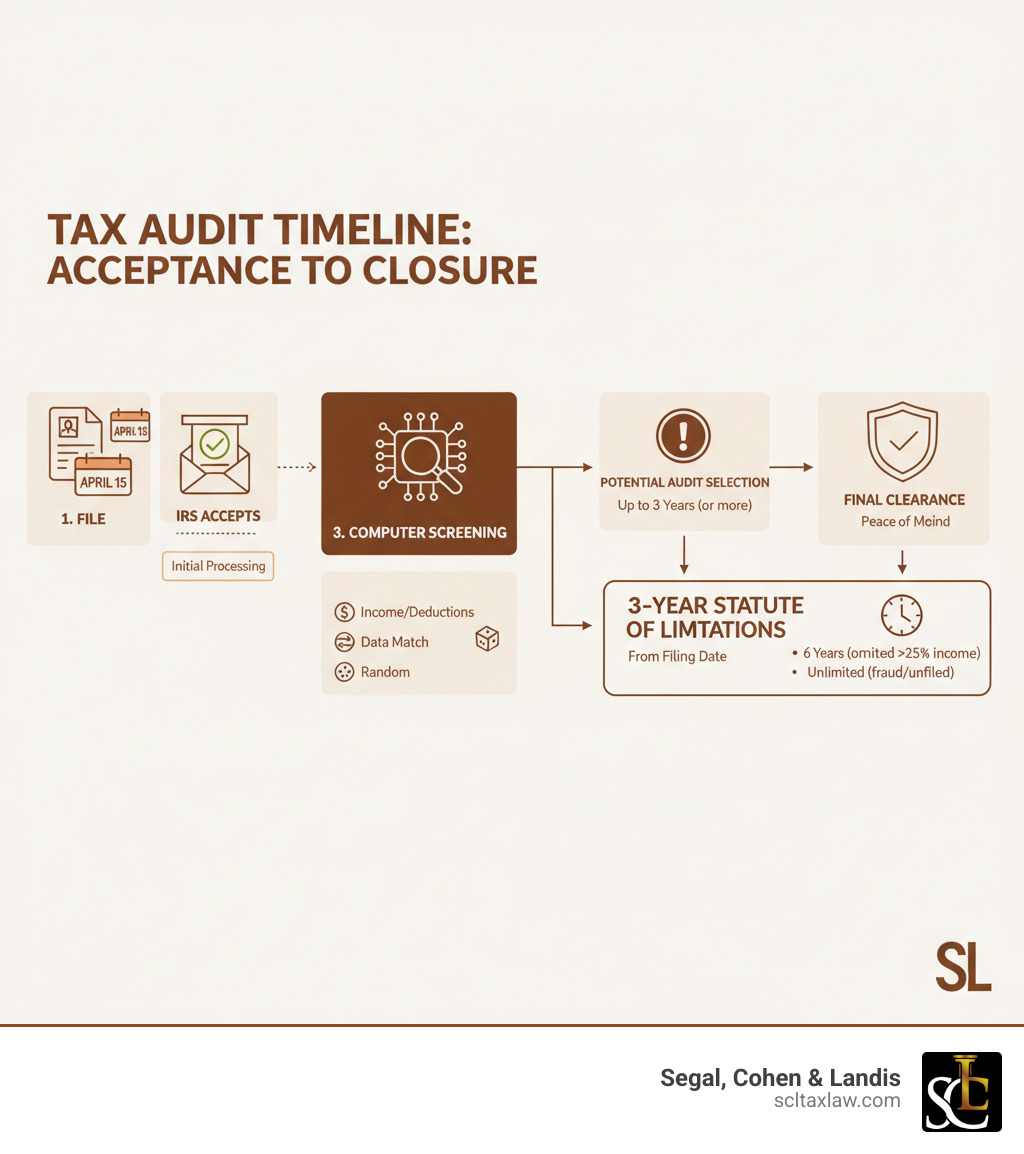 Infographic showing the timeline from filing a tax return through IRS acceptance, computer screening, potential audit selection, the 3-year statute of limitations, and final clearance - audit after tax return accepted infographic 