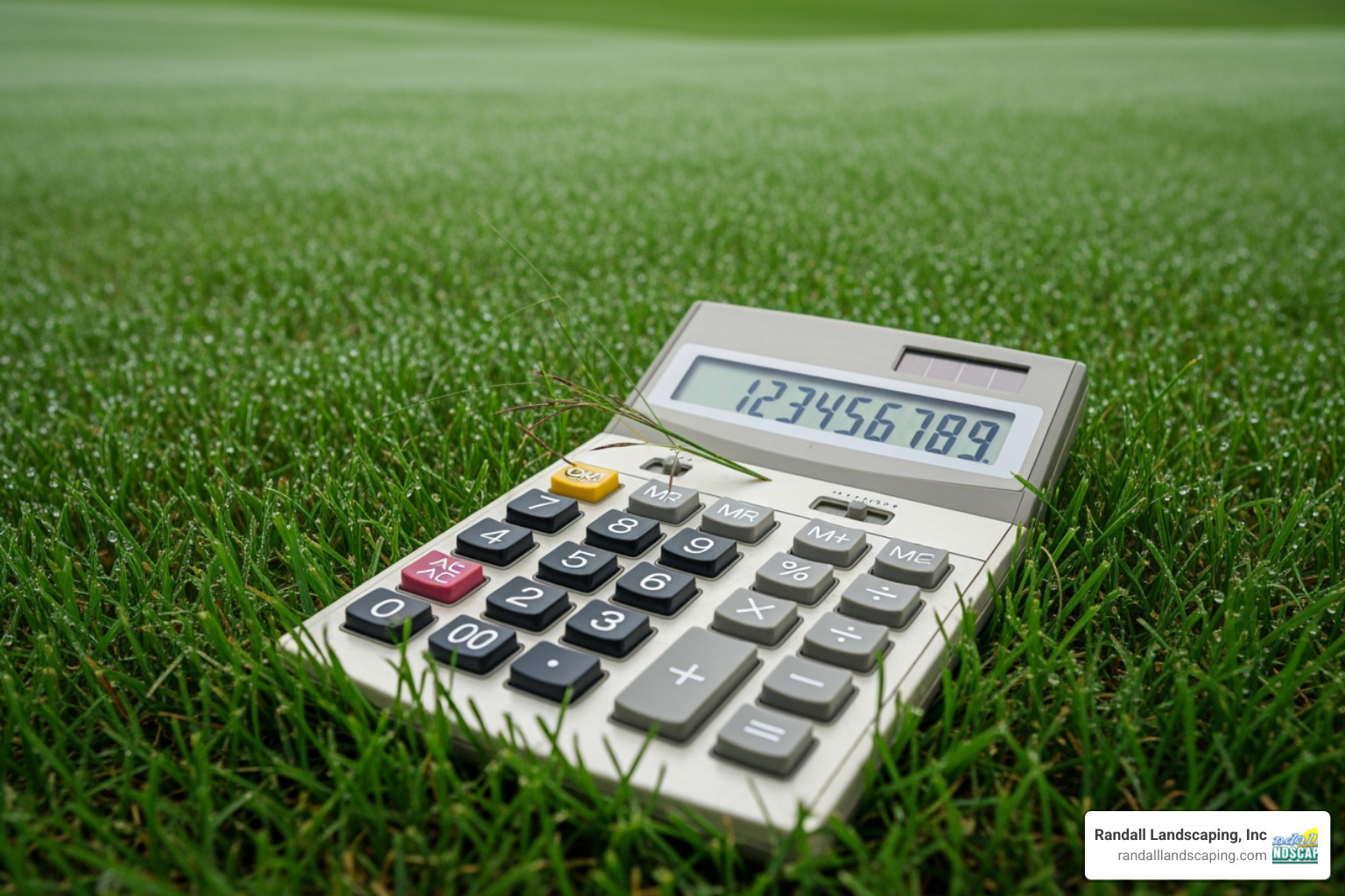 calculator over a picture of a lush green lawn - lawn maintenance services