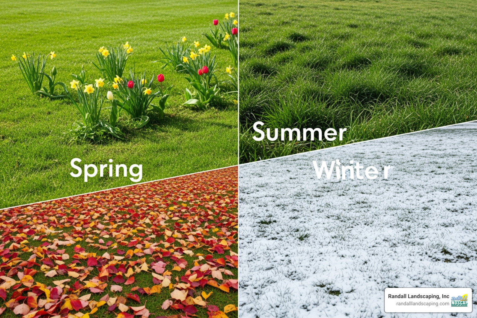 lawn in four different seasons: spring, summer, fall, winter - lawn maintenance services