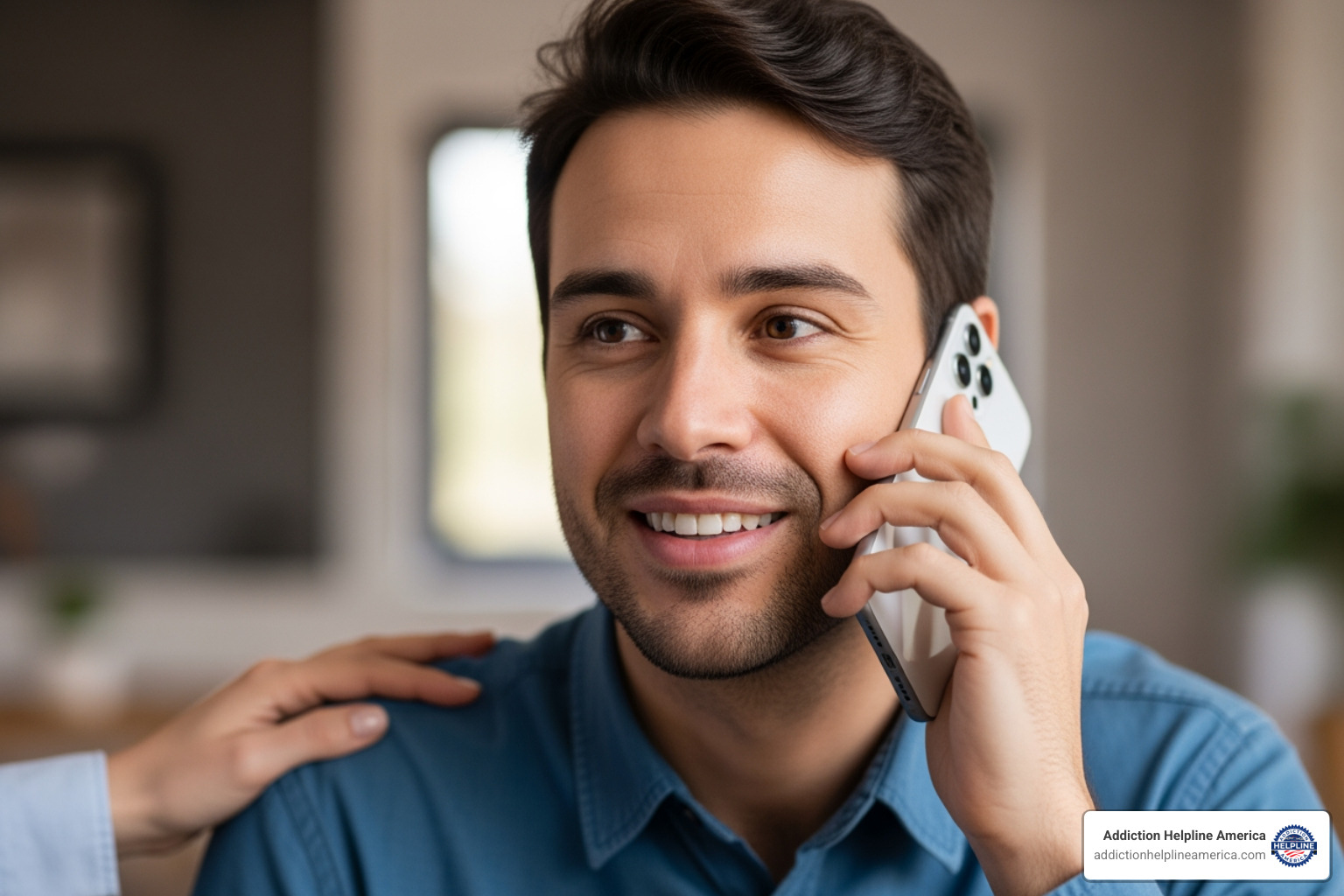 A person on the phone, smiling and looking relieved, with a supportive hand on their shoulder, symbolizing effective use of a helpline to find support. - drug rehab finder A person on the phone, smiling and looking relieved, with a supportive hand on their shoulder, symbolizing effective use of a helpline to find support. - drug rehab finder