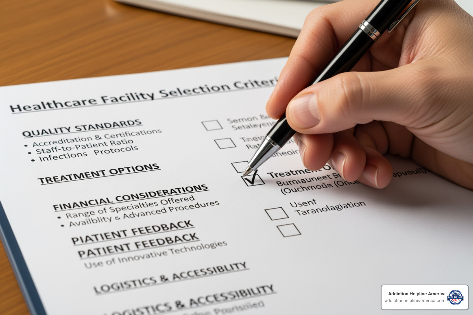 A detailed checklist showing various criteria for selecting a rehab facility, including 'Accreditation & Licensing', 'Treatment Modalities', 'Insurance Accepted', 'Staff Qualifications', 'Aftercare Planning', and 'Patient Reviews'. - drug rehab finder A detailed checklist showing various criteria for selecting a rehab facility, including 'Accreditation & Licensing', 'Treatment Modalities', 'Insurance Accepted', 'Staff Qualifications', 'Aftercare Planning', and 'Patient Reviews'. - drug rehab finder