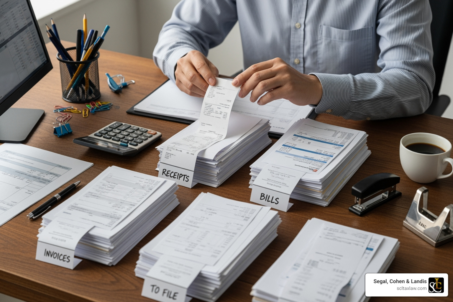 person organizing receipts and financial documents - audit after tax return accepted