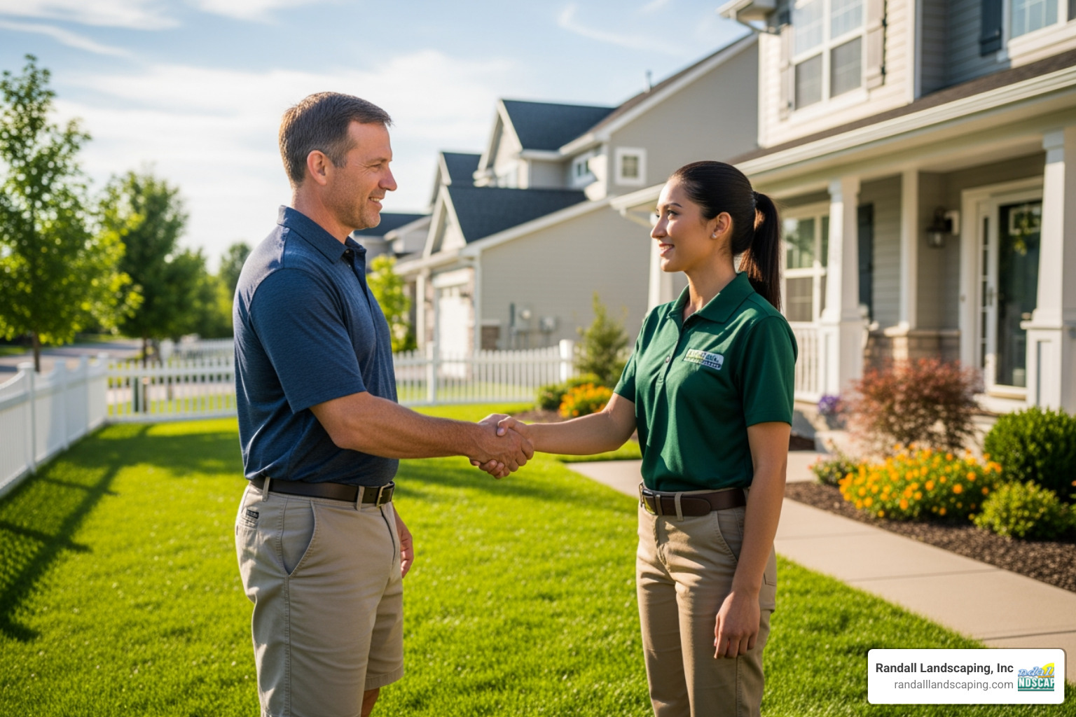 homeowner shaking hands with a uniformed lawn care professional - lawn maintenance services