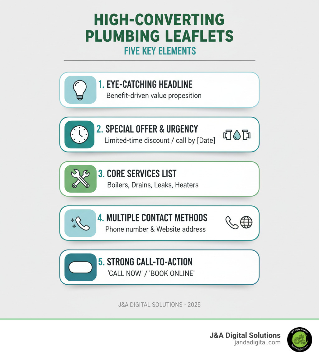 Infographic showing five key elements of high-converting plumbing leaflets: 1. Eye-catching headline with value proposition, 2. Clear special offer or promotion with urgency, 3. List of core services with icons, 4. Multiple contact methods including phone and website, 5. Strong call-to-action button or statement - advertising ideas plumbing leaflet infographic 
