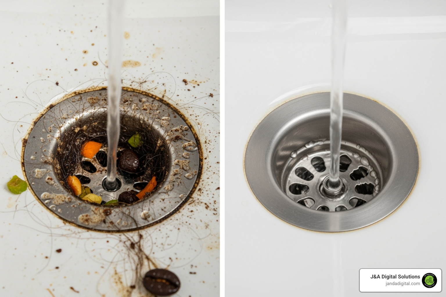 before-and-after photo of cleared drain - advertising ideas plumbing leaflet