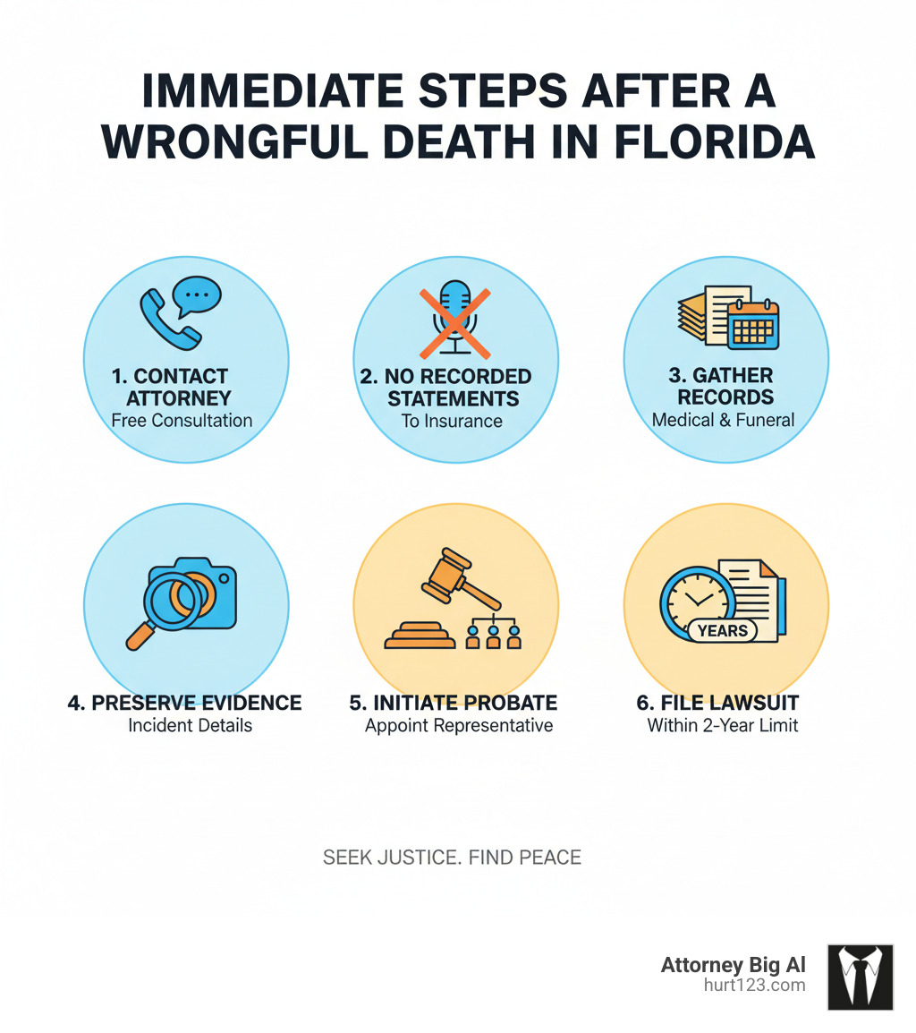 Infographic showing immediate steps after a wrongful death: 1. Contact a wrongful death attorney immediately for free consultation, 2. Do not give recorded statements to insurance companies, 3. Gather medical bills and funeral expense records, 4. Preserve evidence from the incident, 5. Initiate probate proceedings to appoint personal representative, 6. File lawsuit within two-year statute of limitations from date of death - delray beach wrongful death attorney infographic 