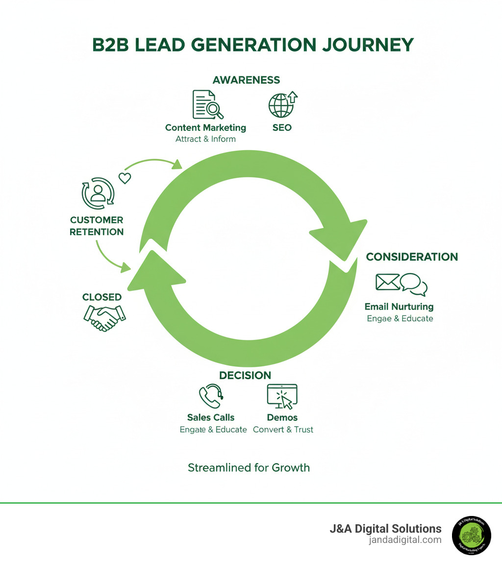 infographic showing the B2B lead generation process: awareness stage with content marketing and SEO, consideration stage with email nurturing and social media, decision stage with sales calls and demos, leading to closed deals and customer retention - b2b lead generation experts near me infographic infographic showing the B2B lead generation process: awareness stage with content marketing and SEO, consideration stage with email nurturing and social media, decision stage with sales calls and demos, leading to closed deals and customer retention - b2b lead generation experts near me infographic