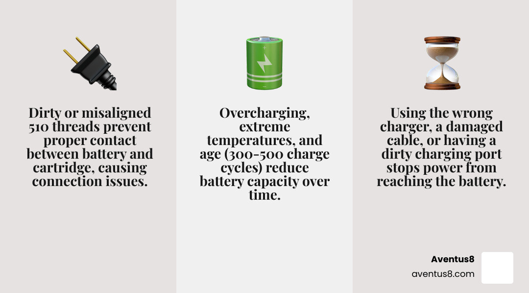 Infographic showing three columns: 1) Connection Issues - illustrated with dirty 510 threads and residue buildup, listing symptoms like blinking lights and weak hits; 2) Charging Errors - showing wrong charger types and damaged cables, with symptoms of device not powering on; 3) Battery Age - depicting battery degradation over 300-500 cycles, with reduced capacity and overheating as key signs - Vape pen battery issues infographic 3_facts_emoji_grey