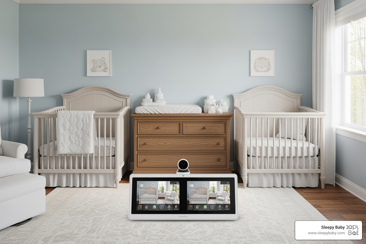 peaceful twin nursery with two cribs and a split-screen monitor on a dresser - must have for twin newborns