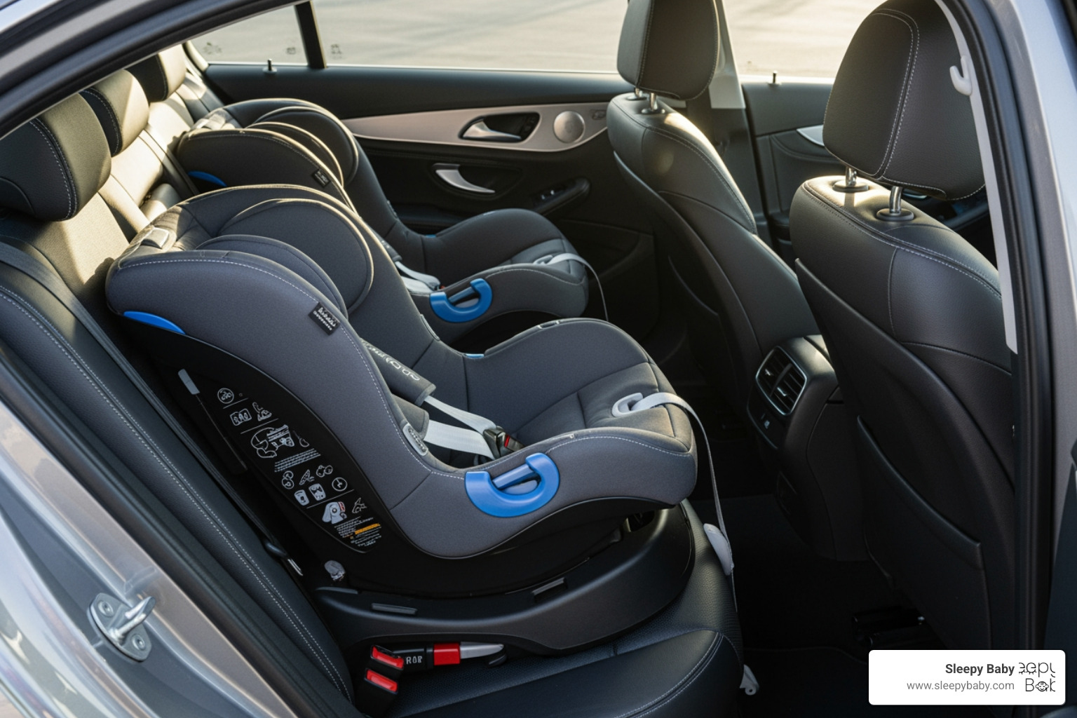 two matching infant car seats installed in the back of a car - must have for twin newborns