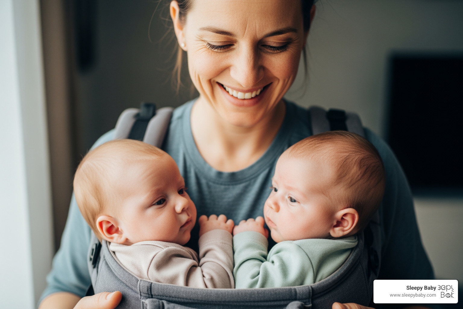 parent smiling while wearing two babies in a twin carrier - must have for twin newborns