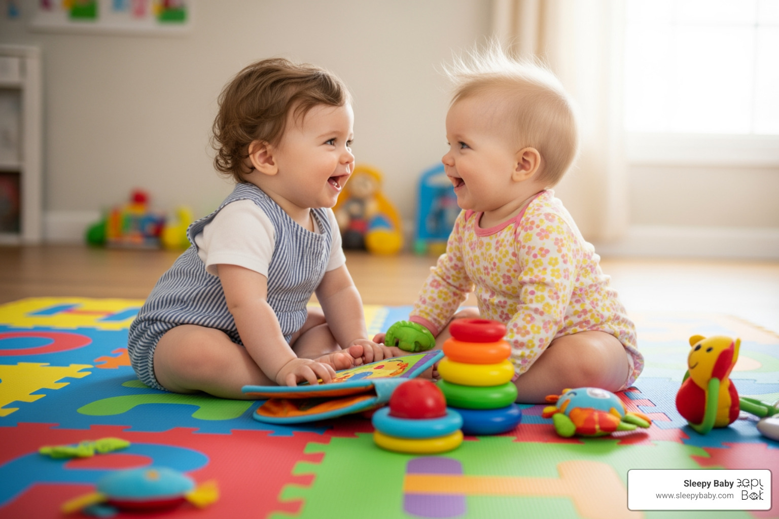 two happy babies playing together on a large, colorful play mat - must have for twin newborns