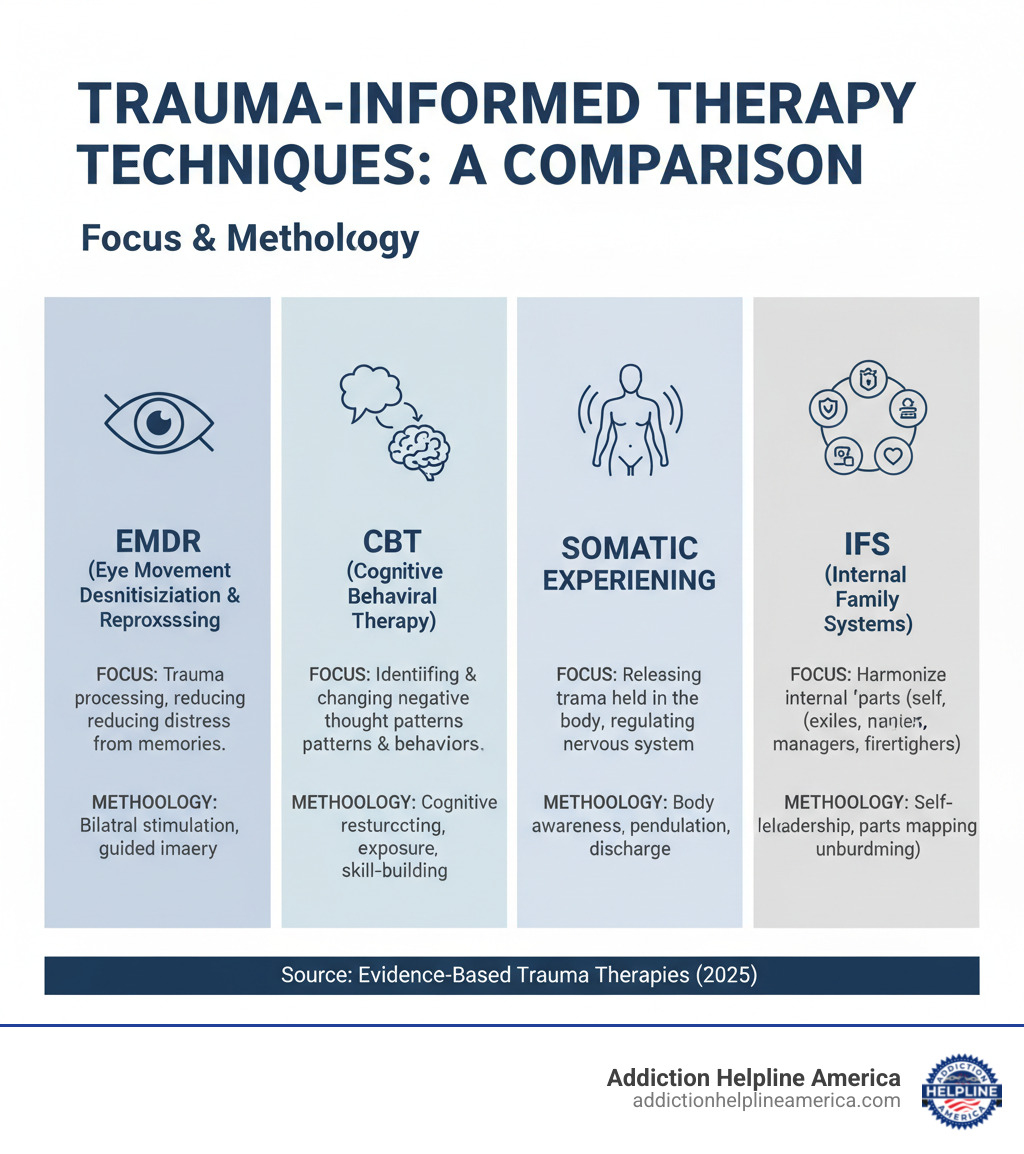 Comparison of Trauma-Informed Therapy Techniques including EMDR, CBT, Somatic Experiencing, and IFS, highlighting their focus and methodology. - trauma informed therapy infographic 