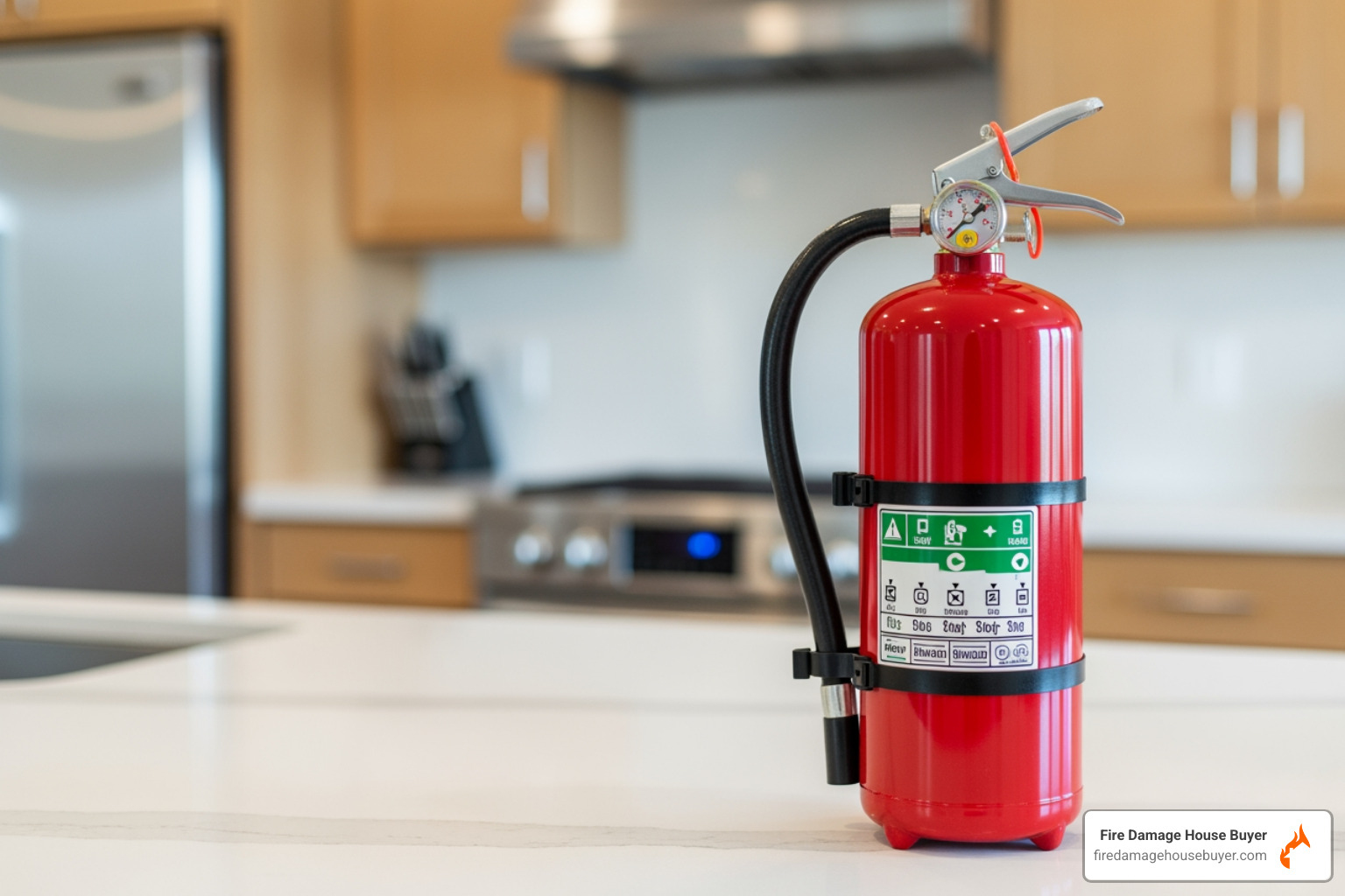 A small red fire extinguisher placed on a clean kitchen counter, ready for use. - candle fires