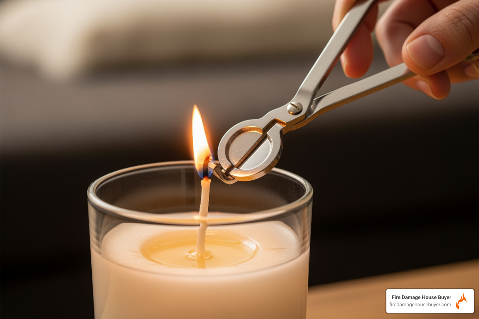 A person using a wick trimmer to cut the wick of a candle in a glass jar. - candle fires