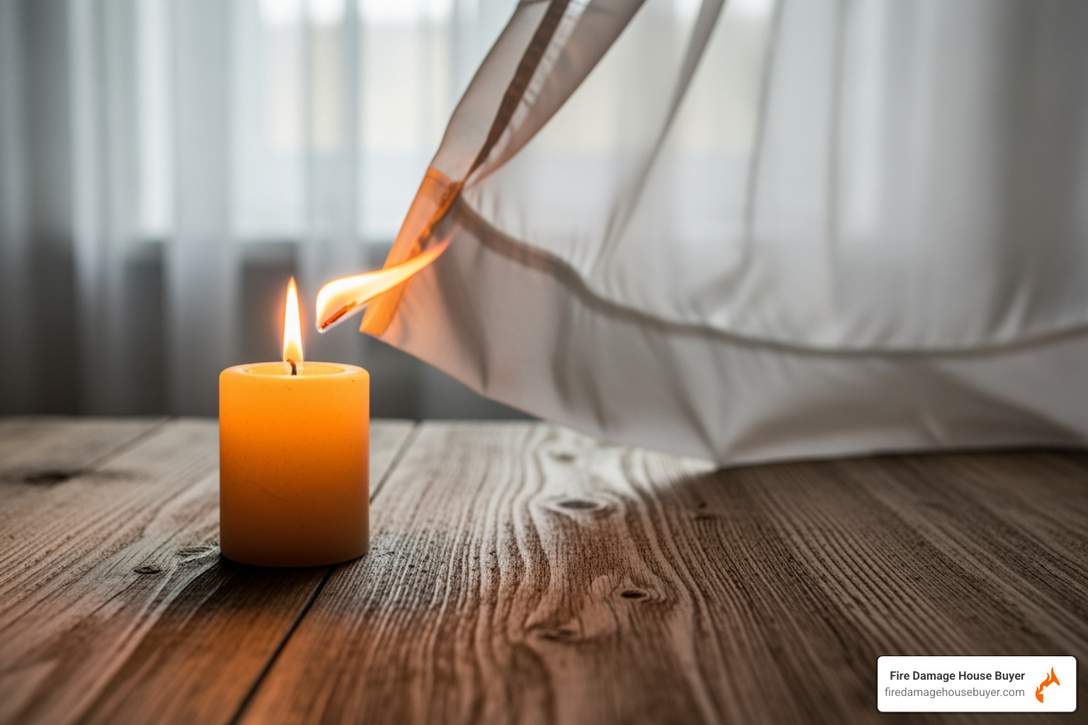 A lit candle on a table with sheer curtains blowing in the wind close to the flame. - candle fires