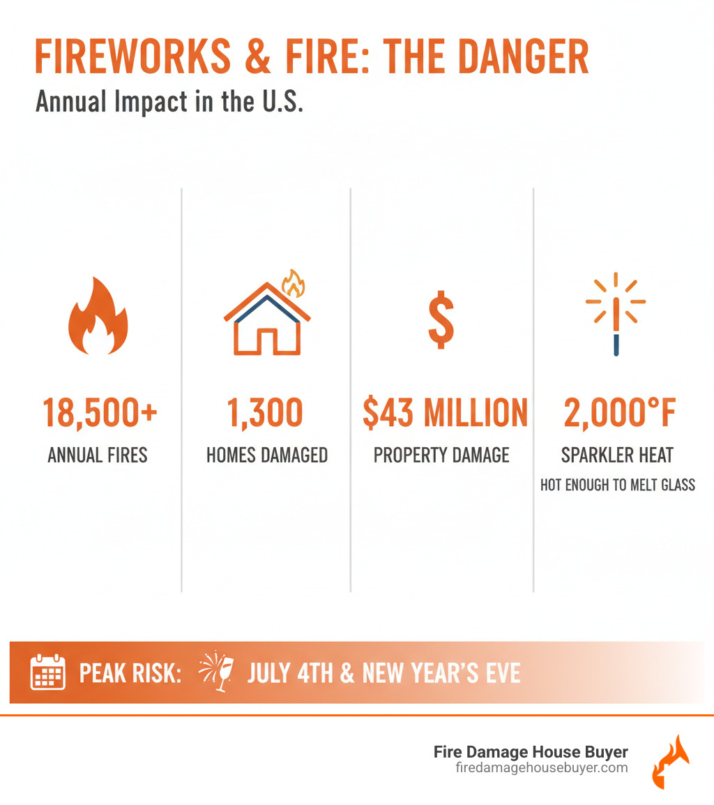 infographic showing 18,500 annual fires caused by fireworks - can fireworks start a fire