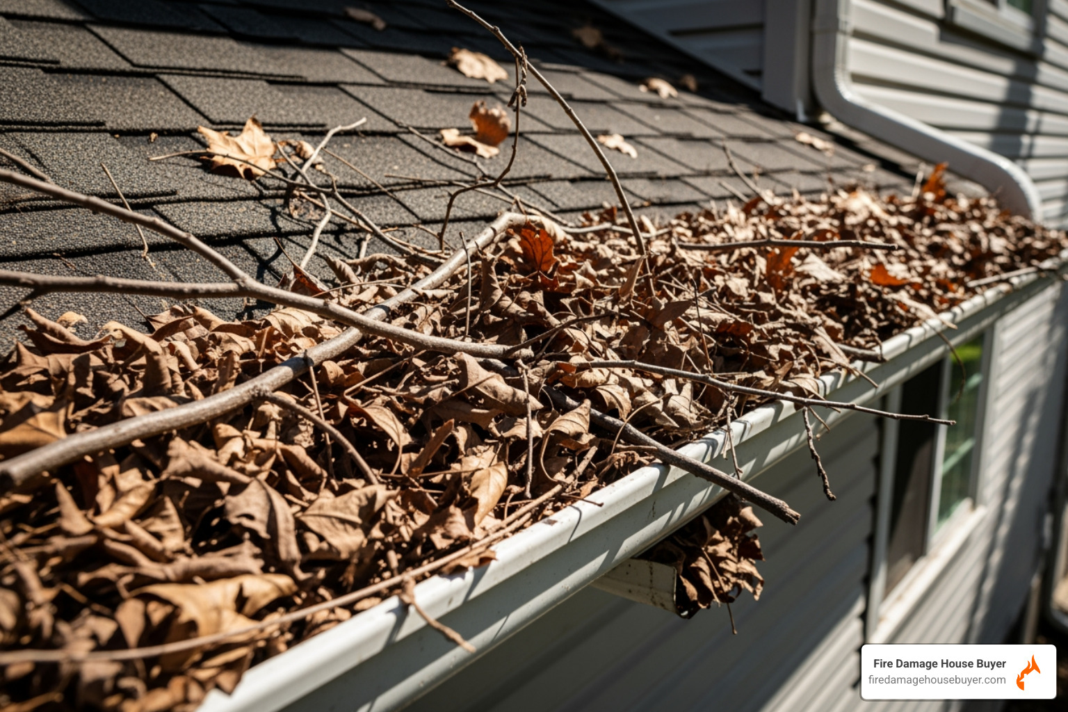 a gutter filled with dry leaves, a clear fire hazard - can fireworks start a fire