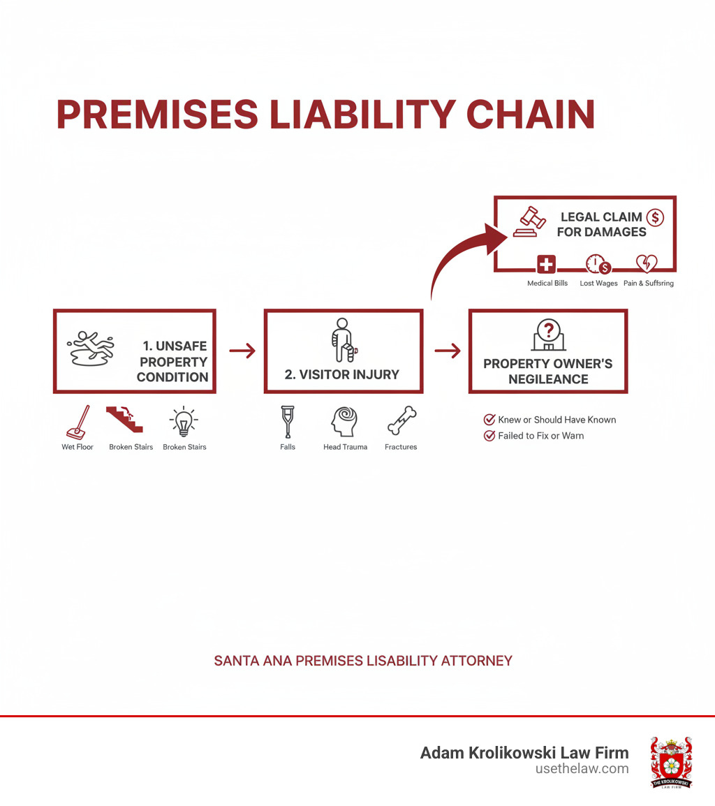 Infographic showing the premises liability chain: Unsafe Property Condition (wet floor, broken stairs, poor lighting) leads to Visitor Injury, which combined with Property Owner's Negligence (knew or should have known about hazard, failed to fix or warn) creates grounds for a Legal Claim for Damages (medical bills, lost wages, pain and suffering) - santa ana premises liability attorney infographic 