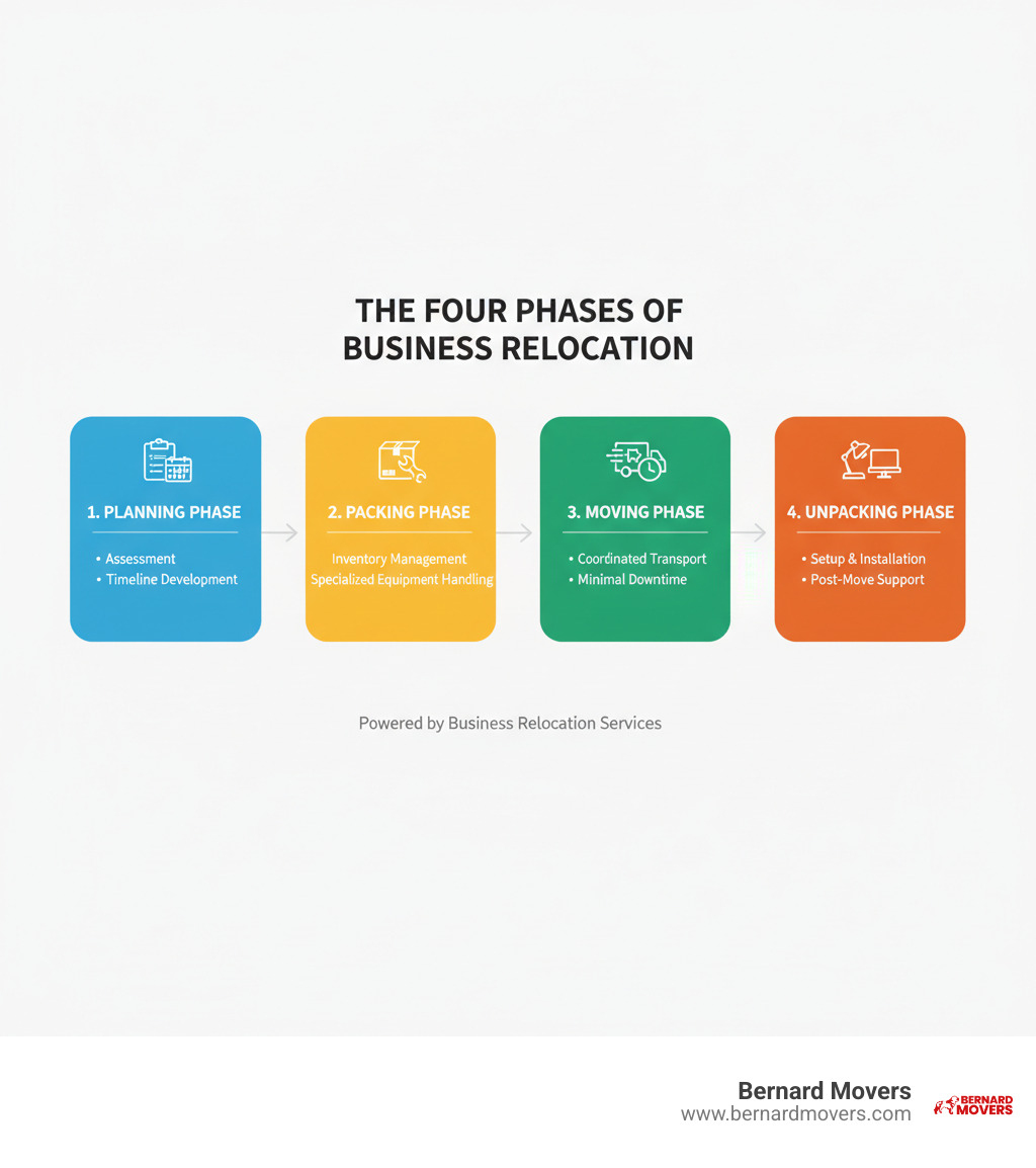 infographic showing the four key phases of business relocation: Planning phase with assessment and timeline development, Packing phase with inventory and specialized equipment handling, Moving phase with coordinated transport and minimal downtime, and Unpacking phase with setup and post-move support - business relocation services infographic infographic showing the four key phases of business relocation: Planning phase with assessment and timeline development, Packing phase with inventory and specialized equipment handling, Moving phase with coordinated transport and minimal downtime, and Unpacking phase with setup and post-move support - business relocation services infographic