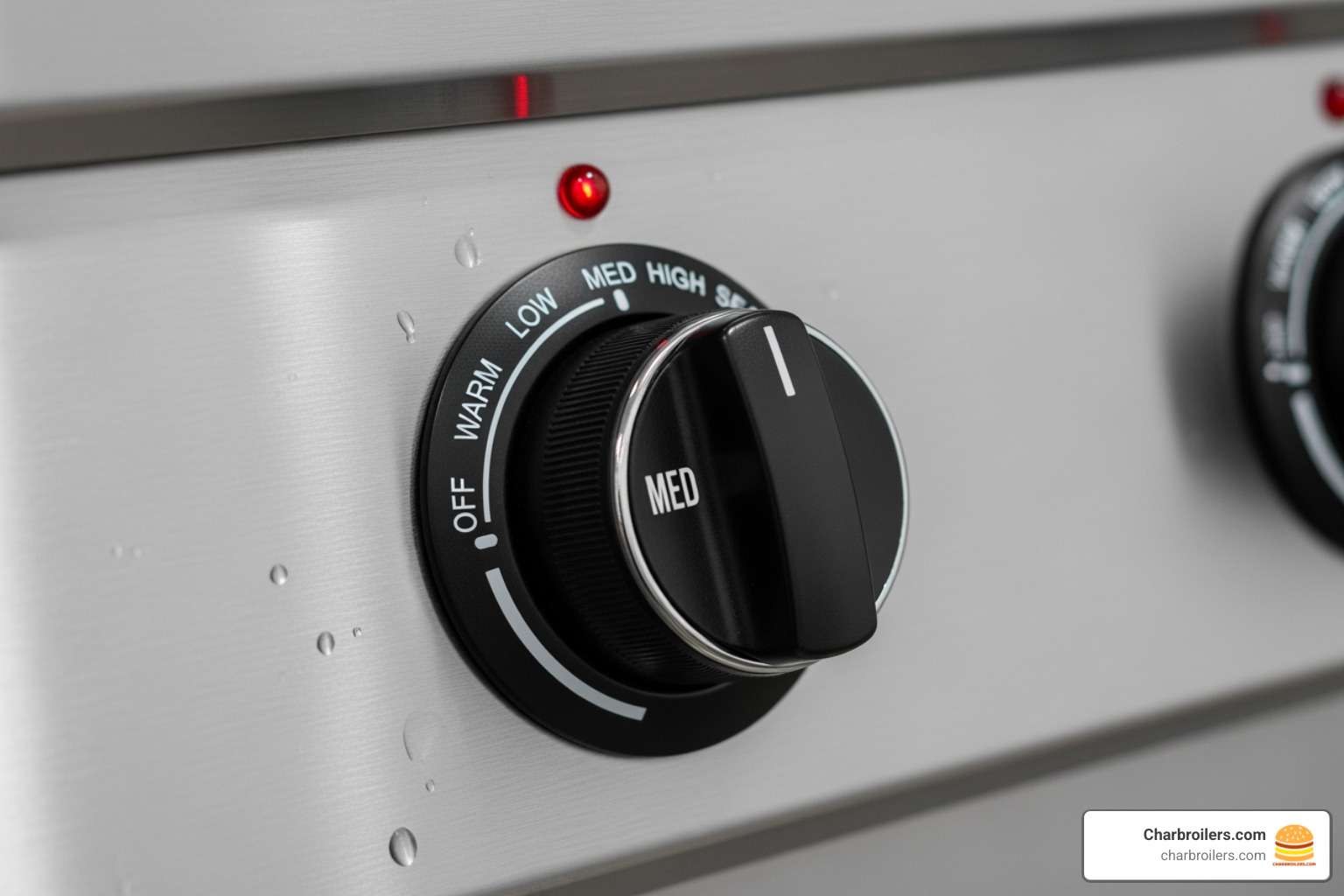 close-up on a grill's temperature control knob and stainless steel surface - commercial indoor electric grill
