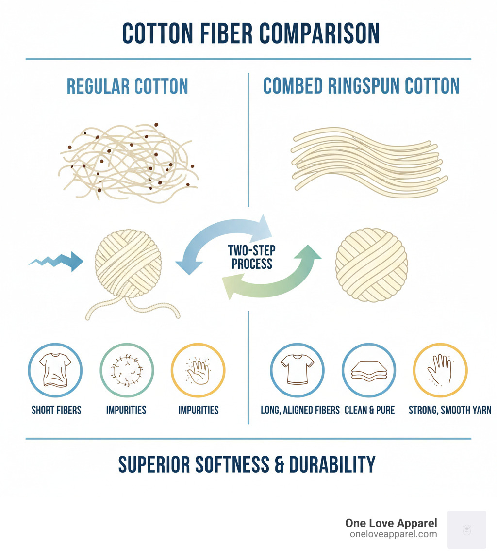 infographic showing the difference between regular cotton fibers (short, uneven, with impurities) and combed ringspun cotton fibers (long, aligned, smooth, and tightly twisted into stronger yarn) - combed ringspun cotton infographic 