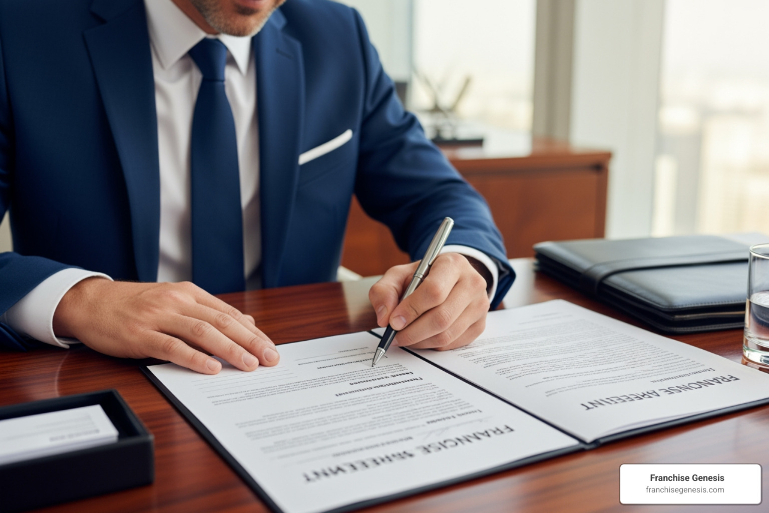 business owner confidently signing a well-prepared franchise agreement - Franchise compliance services