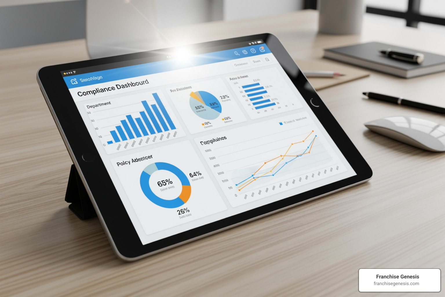 digital compliance dashboard on a tablet - Franchise compliance services