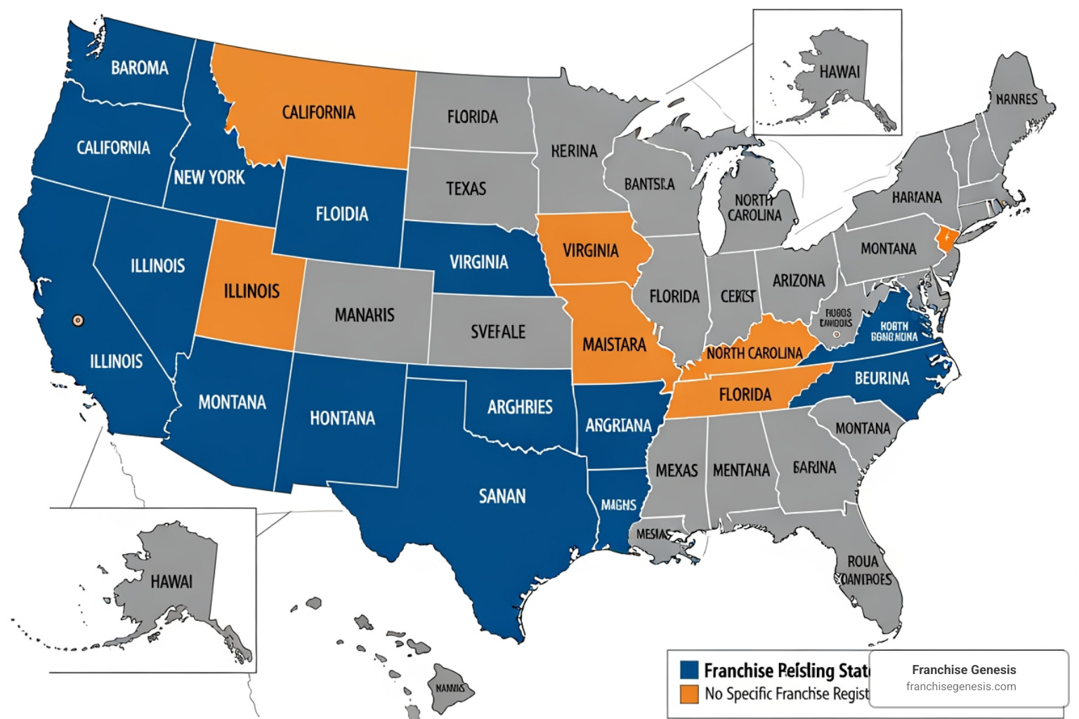 map of the United States highlighting registration, filing, and non-registration states - Franchise compliance services