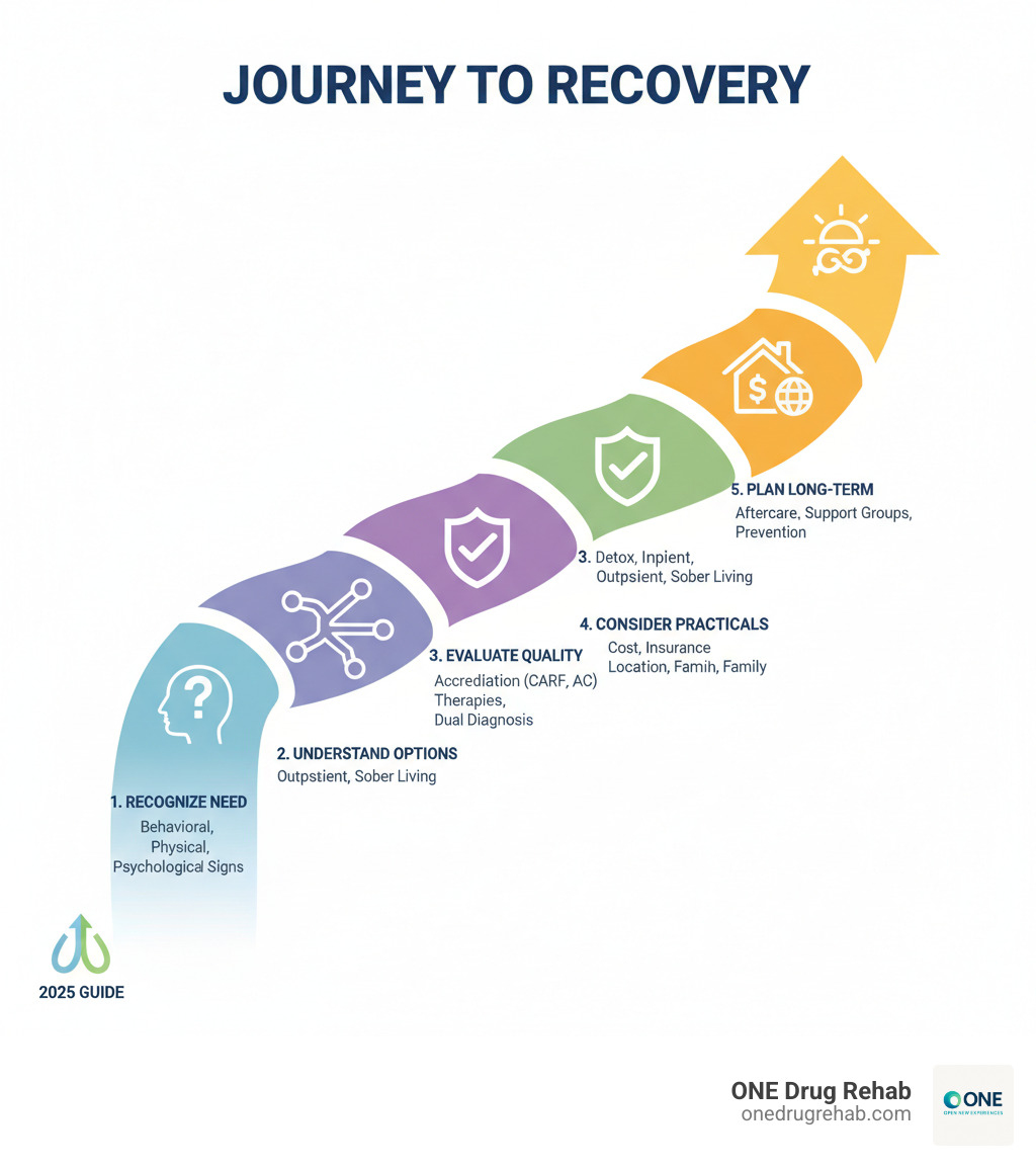 Infographic showing the journey to finding the right drug rehab: Step 1 - Recognize the need for help by identifying behavioral, physical, and psychological signs. Step 2 - Understand your options including medical detox, inpatient residential care, outpatient programs, and sober living. Step 3 - Evaluate quality factors like accreditation (CARF, Accreditation Canada), evidence-based therapies, and dual diagnosis treatment. Step 4 - Consider practical factors including cost, insurance coverage, location, amenities, and family involvement. Step 5 - Plan for long-term success with aftercare programs, support groups, and relapse prevention strategies. - best drug rehab infographic 