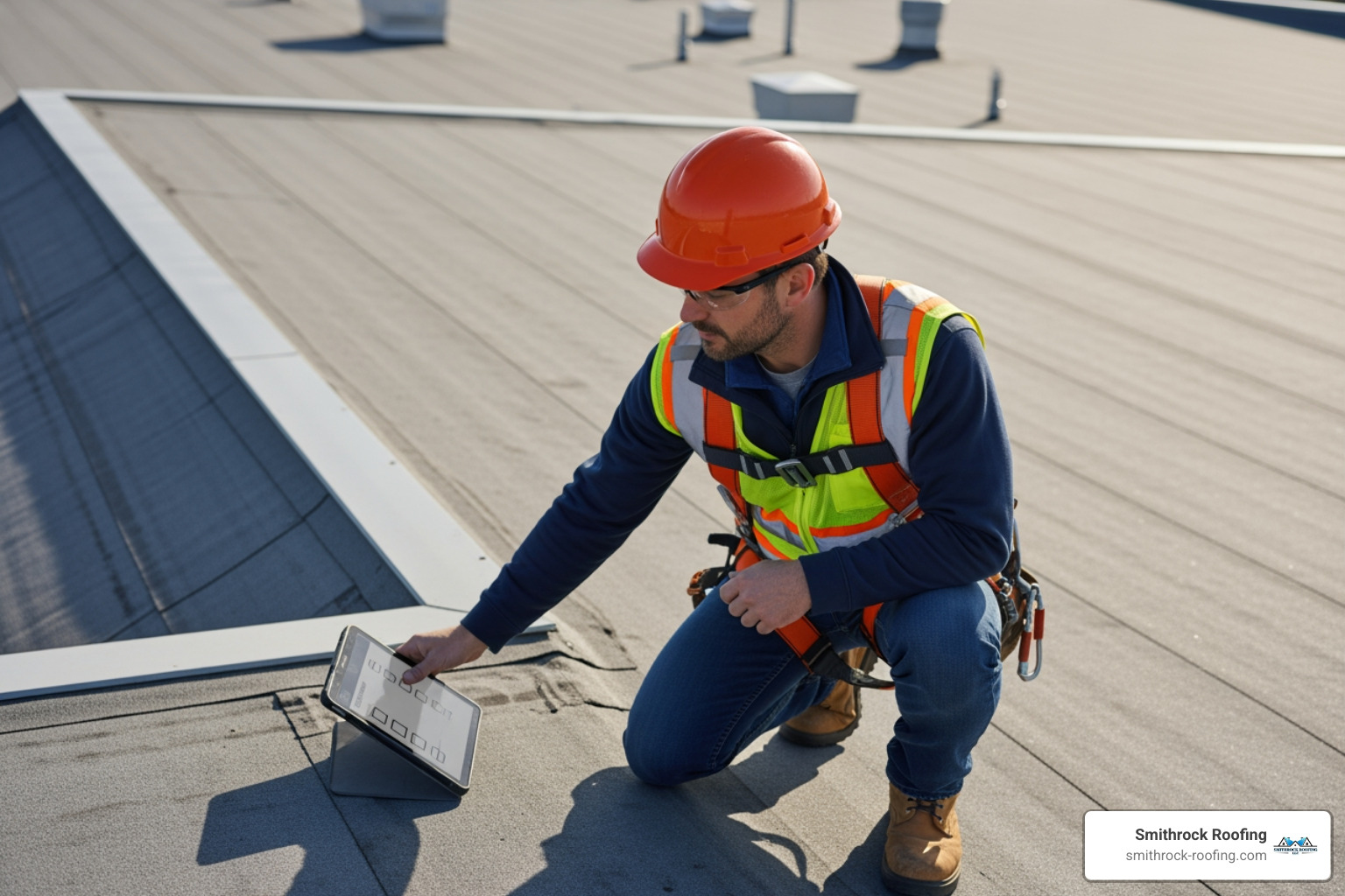 roofer performing a detailed inspection with a checklist - commercial roofing high point nc