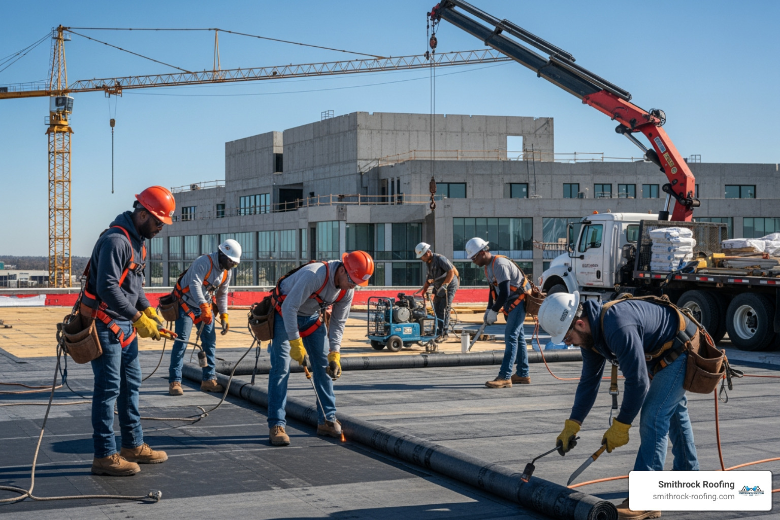 roofing crew safely working on a commercial roof installation - commercial roofing high point nc