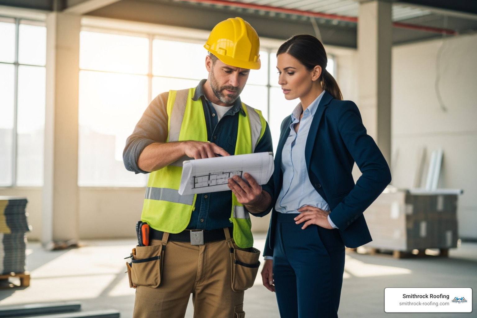 contractor and a business owner reviewing plans on a tablet - commercial roofing high point nc