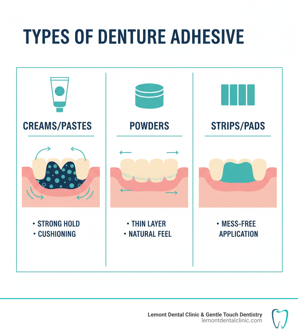 Infographic showing three types of denture adhesive: a tube labeled "Creams/Pastes" with strong hold and cushioning benefits, a container labeled "Powders" with thin layer and natural feel, and strips labeled "Strips/Pads" with mess-free application. Each type shows how it creates a seal between the denture base and gum tissue, with arrows indicating adhesive layer thickness and distribution patterns. - types of denture adhesive infographic Infographic showing three types of denture adhesive: a tube labeled "Creams/Pastes" with strong hold and cushioning benefits, a container labeled "Powders" with thin layer and natural feel, and strips labeled "Strips/Pads" with mess-free application. Each type shows how it creates a seal between the denture base and gum tissue, with arrows indicating adhesive layer thickness and distribution patterns. - types of denture adhesive infographic