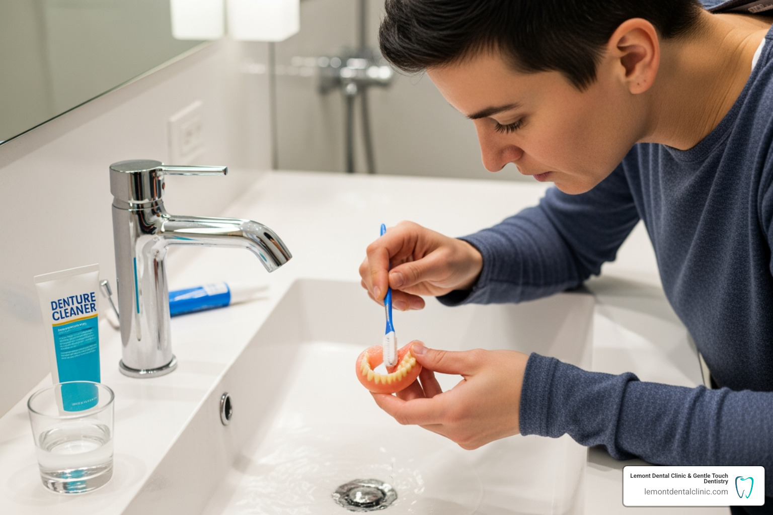 A person cleaning their dentures over a sink with a soft brush - types of denture adhesive A person cleaning their dentures over a sink with a soft brush - types of denture adhesive