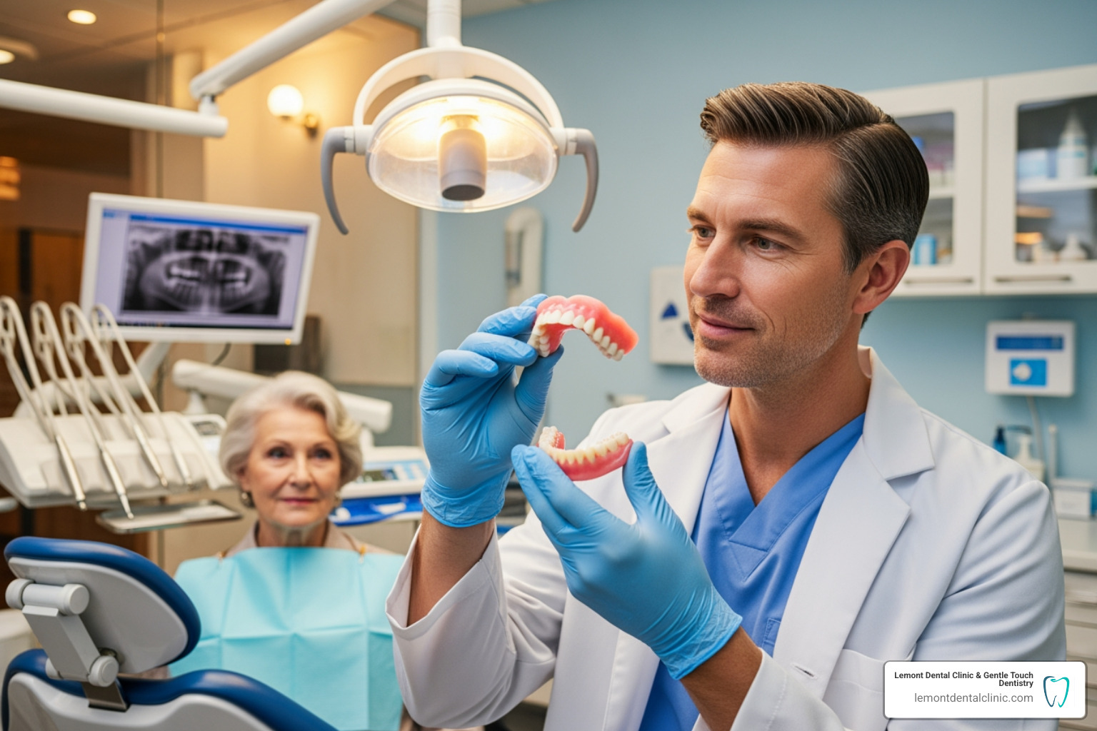 A dentist examining a patient's dentures - types of denture adhesive A dentist examining a patient's dentures - types of denture adhesive