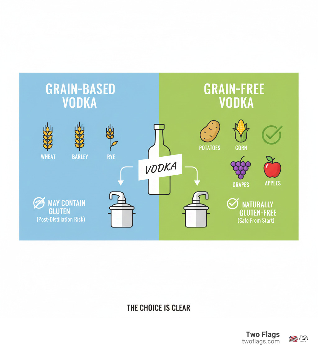 Infographic comparing grain-based vodka sources (wheat, barley, rye) with non-grain sources (potatoes, corn, grapes, apples) for grain-free vodka production - grain free vodka infographic 